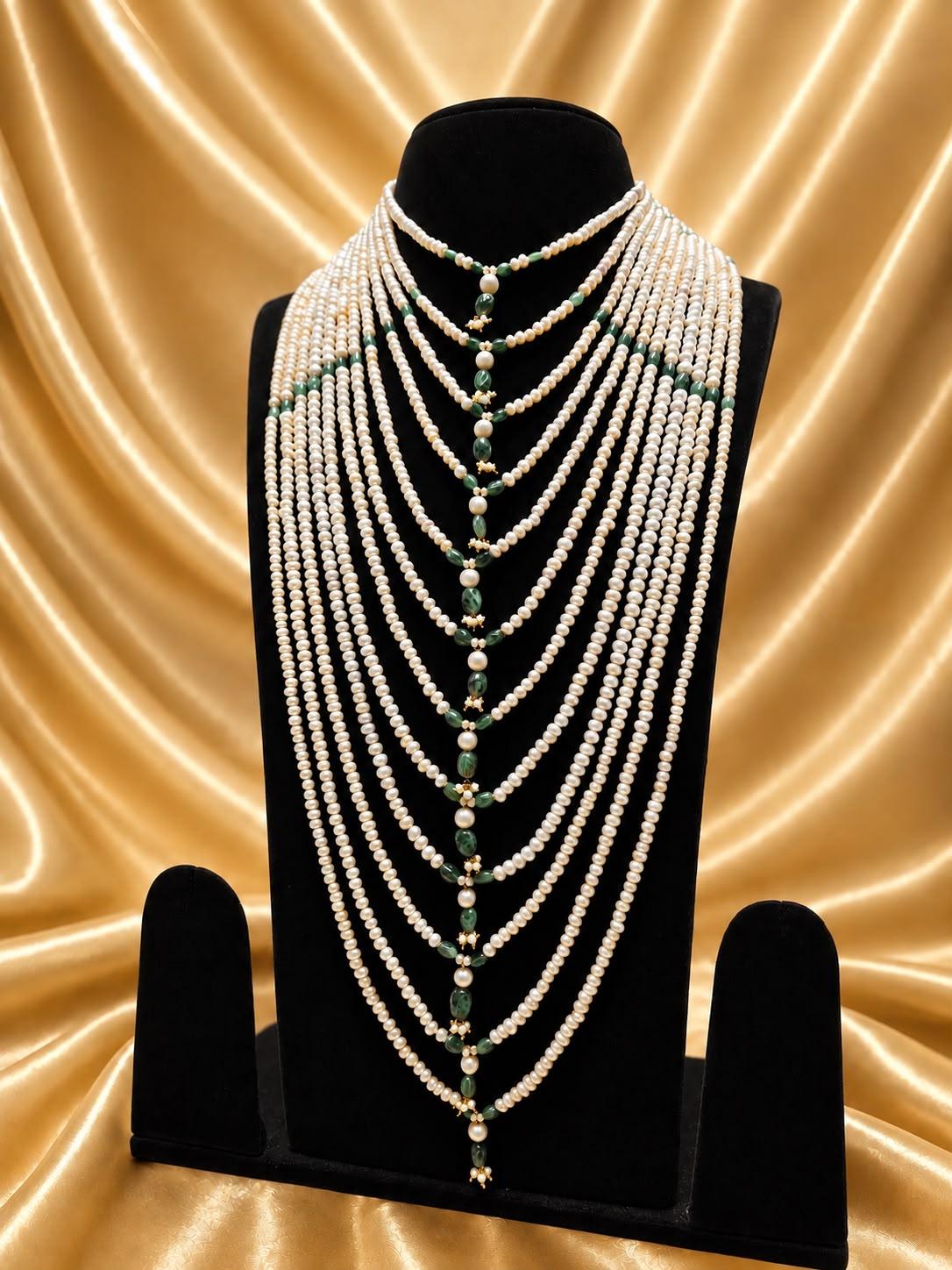 AQ-AR-005 — Silver-base Sathlada with AD and ruby accents, Zambian emerald, African ruby beads and antique gold-tone pearls