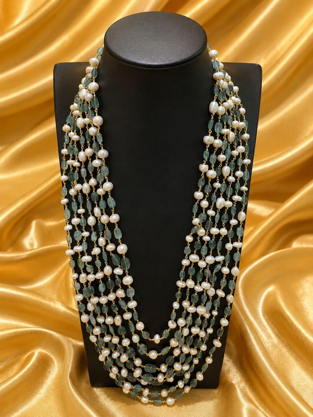 AQ-AR-002 — 12-layer antique-colour pearl strand with Zambian emerald beads
