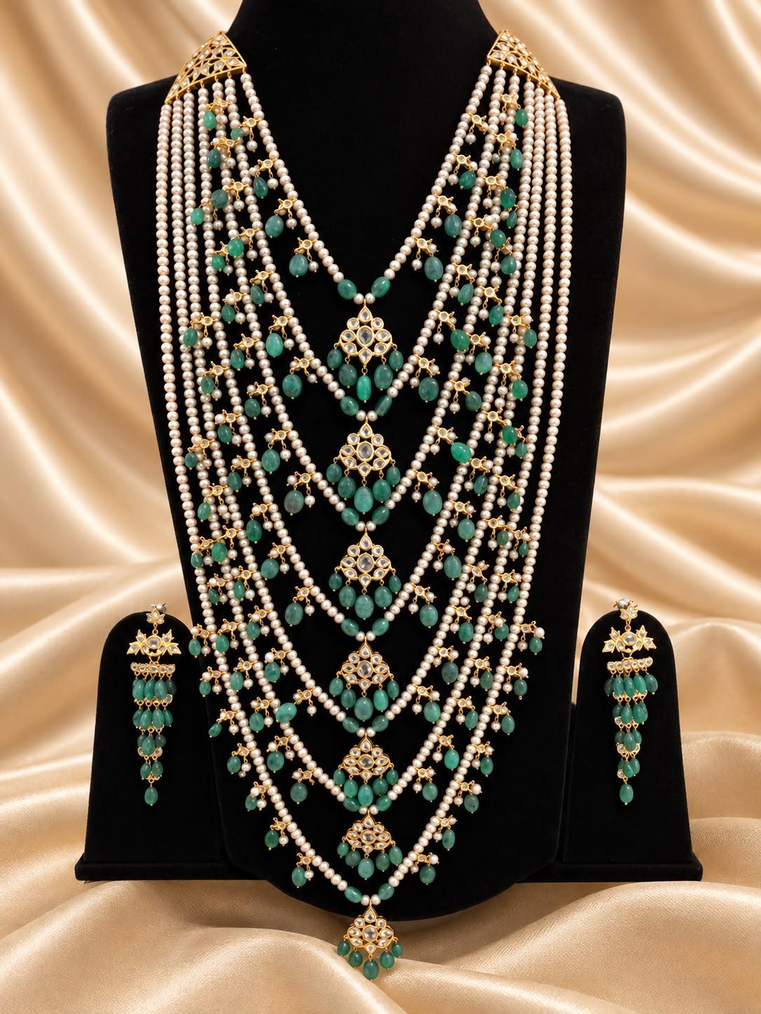 AQ-STEM-001 — Multi-layer Satlada with natural Zambian emerald, gold-polish copper motifs and CZ polki